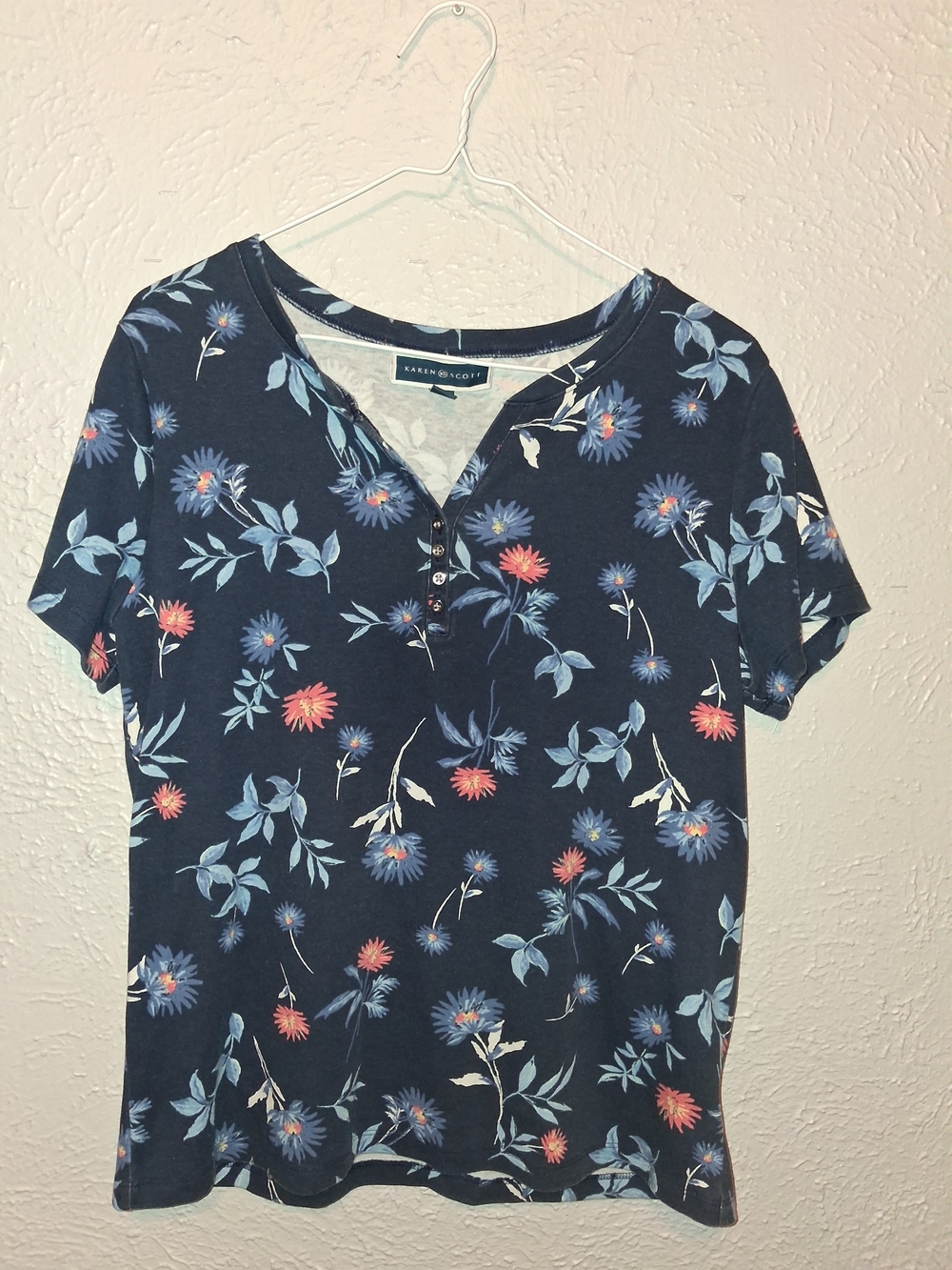 Karen Scott Navy Floral Henley Short Sleeve Top